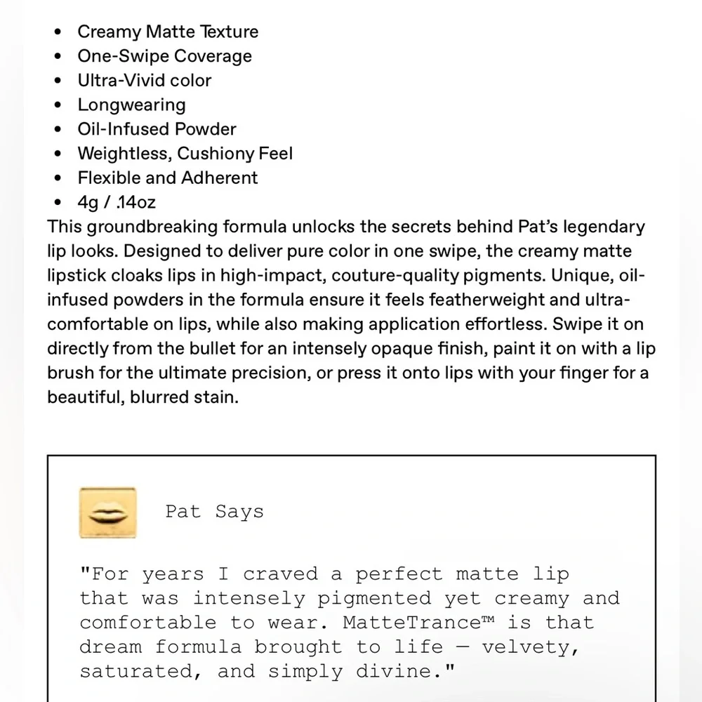 💋 PAT MCGRATH LABS MatteTrance™ Lipstick / ROUGE 8